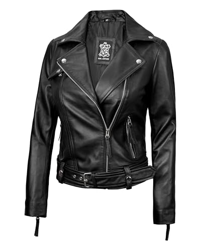 fjackets Edgy Moto Style Women's Real Leather Asymmetrical Jacket - Year-Round Statement Piece | [1300914] Angela Black, L