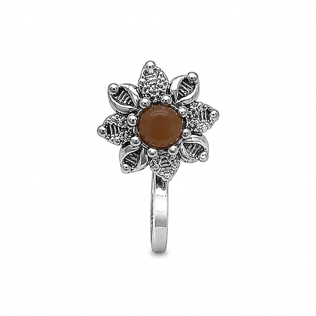 Jewellery Fancy Oxidised Silver Finishing Brown Stone Stud Oval Flower shape Nose Pin | Ring | Without Piercing | Adjustable | Nathiya | Nathani | For Women & Girls-image-27