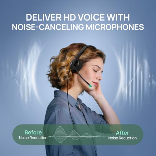 Image of Yealink Phone Headsets for Office Phones YHS34 QD to RJ9 Wired Headset | Leather ear pads,Compatible with Poly Snom Phones Desk Landline Headset with Microphone -Dual /129g /2.1m Cable