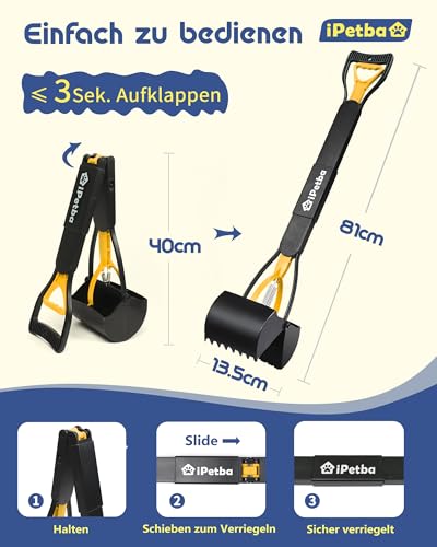 iPetba 80 cm Großer Hundekotschaufeln Langer Griff Hundekotsammler Kein Bücken Nötig für Hunde und Katzen Faltbare Pooper Scooter für Wiese Erdboden Sandboden Kiesweg