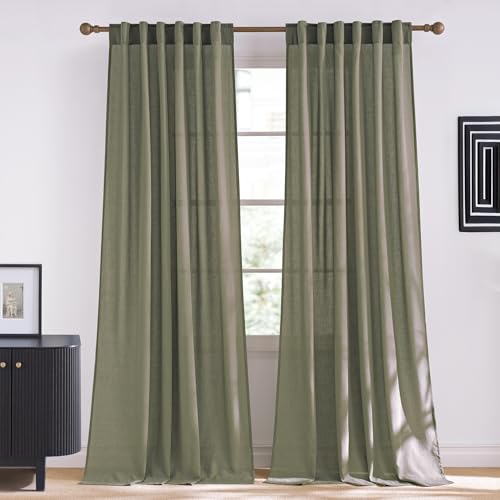 NICETOWN Semi Sheer Curtains 84 inch Length, Rod Pocket & Back Tab Light Filtering Window Treatments Privacy Added Drapes for Living Room, Lichen, W55 x L84, 2 Panels
