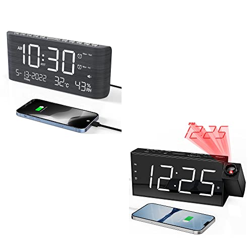 Projection Alarm Clock For Kids Bedroom + Digital Wooden Alarm Clock With Dual Alarm,Weekday/Weekend Mode,Adjustable Volume,Humidity & Temperature Detect,2-100% Dimmer,12/24H,Snooze,2 Usb Chargers,Ba #TOP21