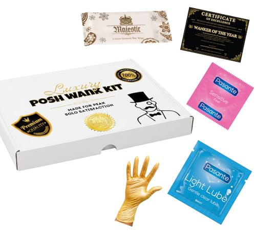 Luxury Posh Wank Kit – Premium Funny Gift Set for Him – Secret Santa Adult Joke Present for Men – Christmas Stocking Filler – Includes Luxury Wipe, Glove, Condom, Lubricant & Joke Accessories