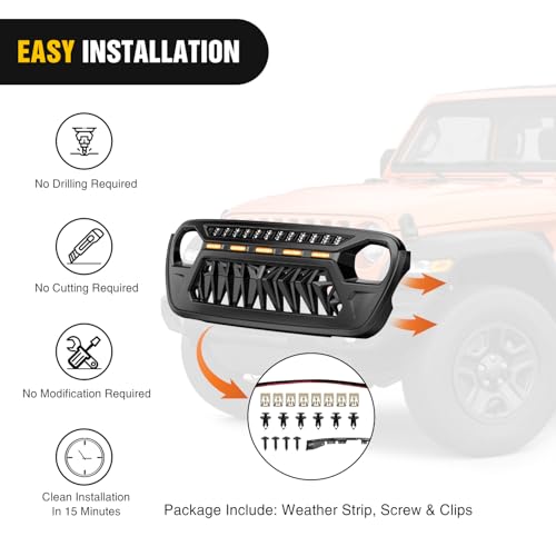 Image of Nilight Front Grille Cover for 2018 2019 2020 2021 2022 2023 2024 2025 Wrangler JL and Gladiator JT with LED Amber Lights Matte Black