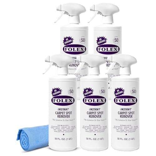 Image of FOLEX Instant Carpet Spot Remover 32 oz - Powerful Stain Remover for Carpets, Upholstery & Rugs - Eliminates Pet Stains, Grease, Red Wine, Food, Makeup & More - With Reusable Cleaning Cloth - 5 Pack