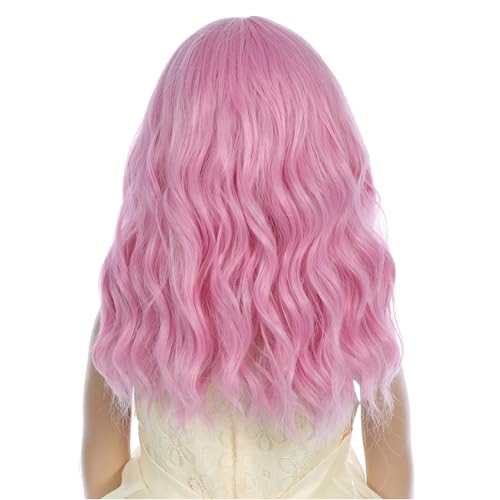 Image of PATTNIUM Light Pink Wig for Kids Short Wavy Pink Wig with Bangs Girls Synthetic Hair for Cosplay Costume