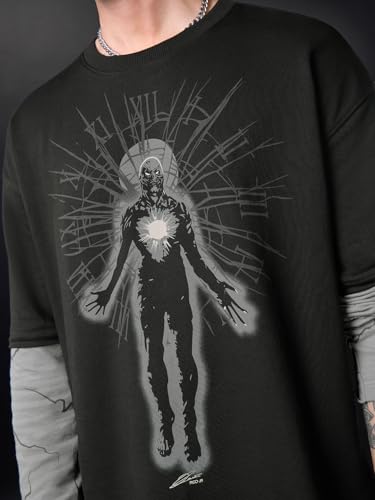 Image of The Souled Store Official Stranger Things: Vecna Men and Boys Long Sleeves Round Neck Black Graphic Printed Casual Drop Shoulder Lightweight Cotton Oversized Full Sleeve T-Shirts