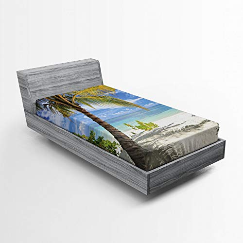 ABAKUHAUS Tropisch Spannbetttuch, Palmen Küste, Soft Dekorativer Stoff Bettwäsche Rund-um Elastischer Gummizug, 90 x 200 cm,Kokosnuss Blau
