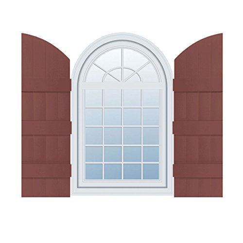 14"W x 89"H (82" Low Side) Lifetime Vinyl, Standard Four Board Joined w/Archtop, Board-n-Batten Shutters, w/Installation Shutter-Lok's & Matching Screws (Per Pair), Burgundy Red