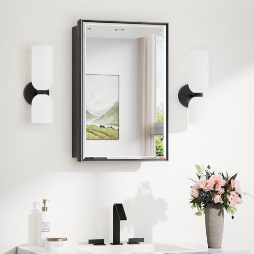 TokeShimi 16x24 Recessed Medicine Cabinet with Mirror Surface Mounted, Metal Beveled Mirror with Storage for Bathroom Vanity, Aluminum Black Medicine Cabinet Mirrored by TokeShimi - Used condition - US$97.36