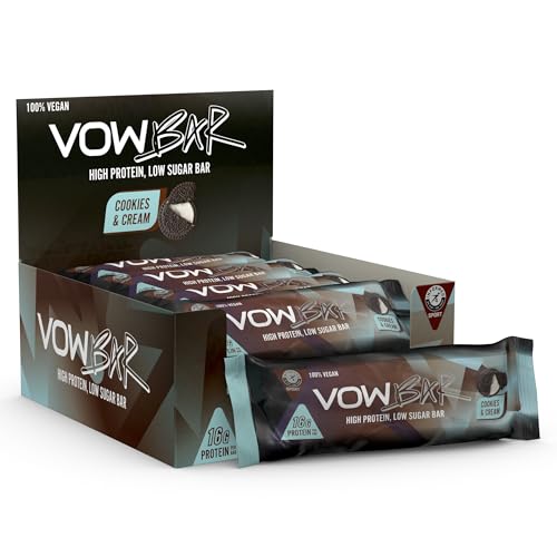 VOW Protein Bar, High Protein, Low Sugar, 100% Vegan Protein Snack Bar, 48g x 12 (12 x 48g Pack, Cookies & Cream)