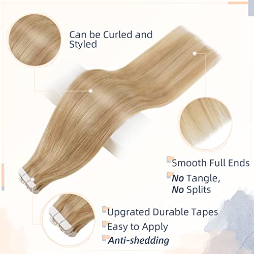RUNATURE 18 Inch Tape in Hair Extensions Human Hair Golden Blonde Highlight Blonde Tape Hair Extensions Real Human Hair Remy Invisible Tape Hair 50gram #16p24 - Image 3