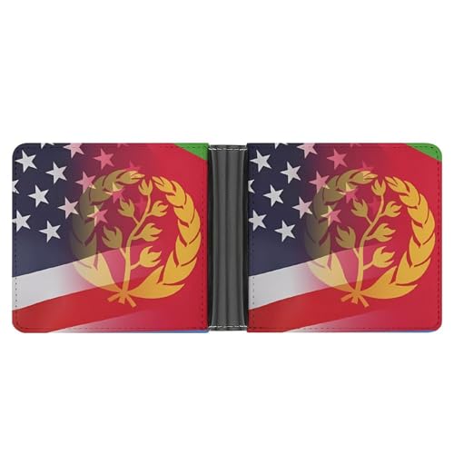Flag of Eritrea And U.S. Flag Funny Men's Slim Bifold Wallet with Multiple Card Slots Front Pocket Purse