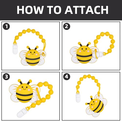 Image of Baby Food Grade Silicone Teether Ring Toy with One Piece Design Pacifier Clip Holder,Teething Toys Gift Set for 3 Months+ Boys and Girls,Freezer Safe,BPA Free.(Yellow Bee)