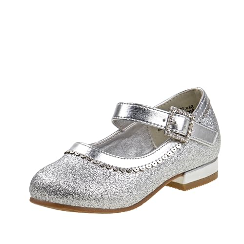 Josmo Girls Dress Mary Jane Wedding Party Heels Ballerina Flower Shoes, Hook and Loop Buckle, Silver Glitter (11 Medium, Little Kid) by Josmo - Used condition - US$15.75