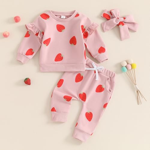 Toddler Baby Girl Fall Winter Clothes Strawberry Ruffle Long Sleeve Sweatshirt Tops Pants Set Headband 3Pcs Outfit2