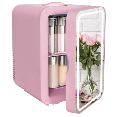 ARTETHYS Mini Fridge for Bedrooms, 8L Skincare Fridge with LED Mirror Compact Beauty Car Fridge for Home Office Cosmetic, 220V AC/12V DC, Pink