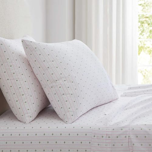 Image of Martha Stewart - Full Size Sheet Set, Crisp & Tailored Sheets with a Smooth Cotton Percale Feel - Floral Bed Sheets with Matching Pillowcases & Fitted Sheet (Floral Stripe Pink)