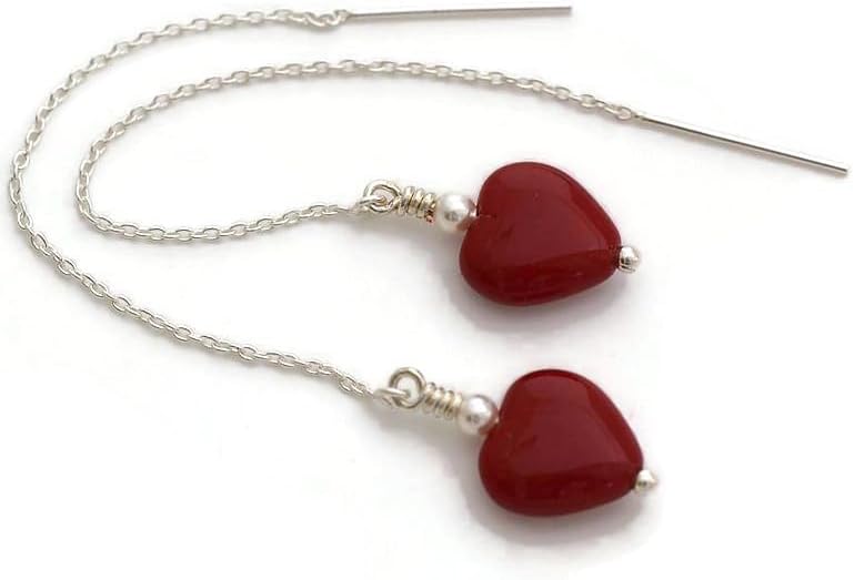 Navy cobalt blue beach sea glass heart pearl ear threads sterling silver dangle chain threader earring