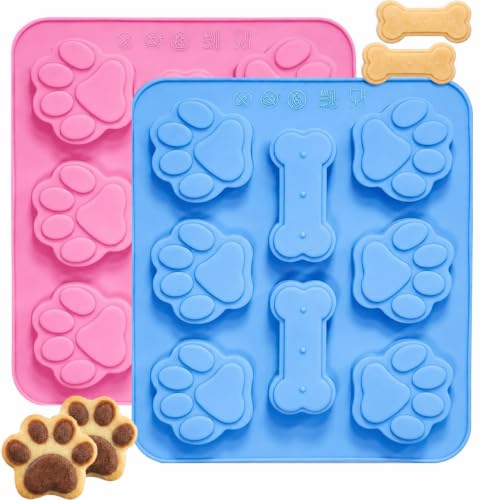 Hundepfote und Knochen Silikonformen (2er-Pack) – 2 in 1 Design, 8 Mulden pro Form (6 Pfoten+2 Knochen), lebensmittelecht für Hundeleckerli, Schokolade, Backen – Antihaftbeschichtet, leicht zu