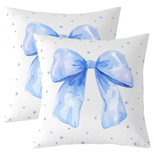 Homewish Lot de 2 Housse de Coussin 60x60 Filles Mignonnes Bow,Taie d'oreiller Coquette Bowknot,Housse d'oreiller Filles Aquarelle Bow Node Étoiles,Taie Oreiller Ation Esthétique