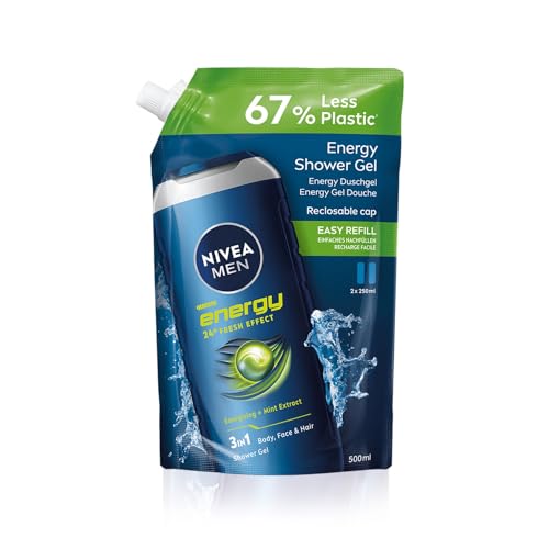 NIVEA MEN - Gel Douche Energy 3-en-1 - Corps, Visage & Cheveux - Vivifiant & Rafraîchissant - Formule Douce À L'Extrait De Menthe - pH Neutre - Tous Types De Peaux - Format Recharge 500 ml