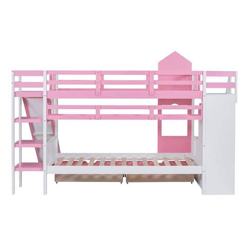 SOFTSEA Twin Over Twin Bunk Bed with Slide and Storage Solid Wood Bunk Bed Frame with Staircase and Drawers, Pink
