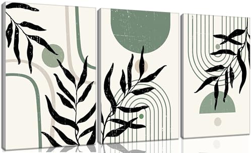 3PCS Boho Sage Green Canvas Wall Art,Minimalist Wall Decor,Geometric Abstract