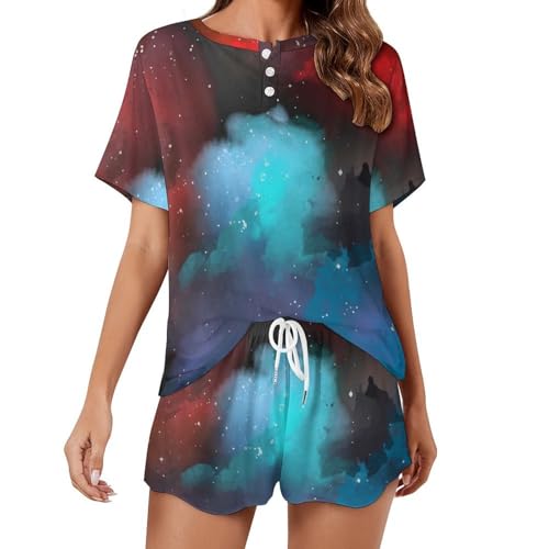 Pyjama Nébuleuse Bleue Rouge motif galaxie imprimé short manches courtes