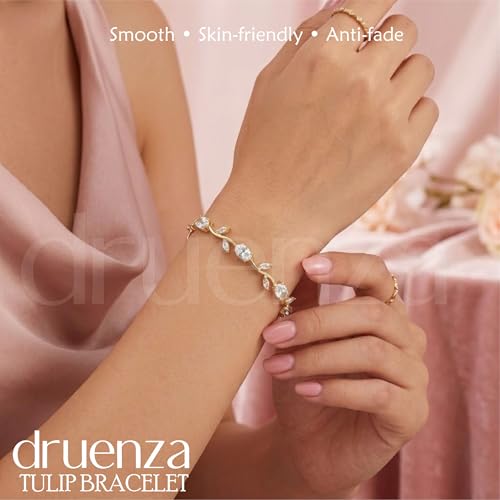 Image of druenza Tulip Bracelet for Women Stylish | Gold Plated Floral Crystal Jewellery | Elegant Adjustable Chain Bracelet for Girls Stylish | Trendy Daily Wear Party Jewelry Gift for Women & Girls