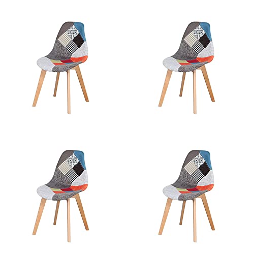 HJhomeheart Juego de 4 Sillas de Comedor, Silla de Comedor de Patchwork Multicolor, Silla de Tela con Patas de Madera Maciza para Comedor, Sala de Estar (Rojo)