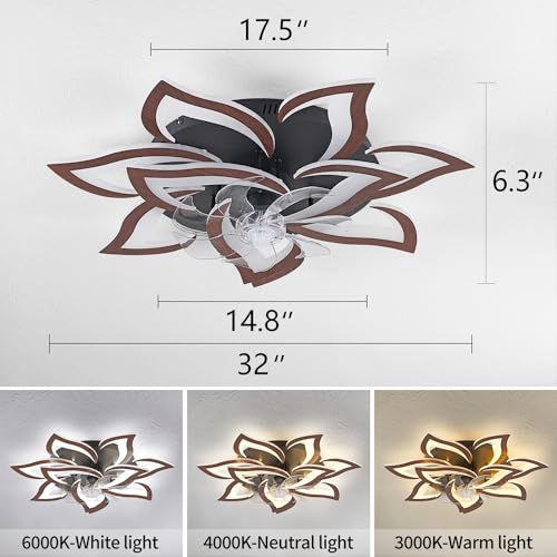 Dalouguan Modern Ceiling Fan with Lights Remote Control, 32" Wood Ceiling Fan with Light, 6 Speeds 3 Light Color Low Profile Flush Mount Ceiling Fan for Kitchen Bedroom — view 4