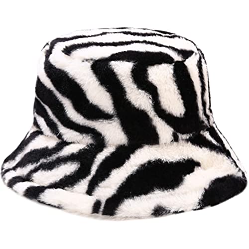 Winter Faux Fur Furry Zebra Bucket Hat Fluffy Fuzzy Warm Hat Plush Fisherman Hat for Women Teens Girls