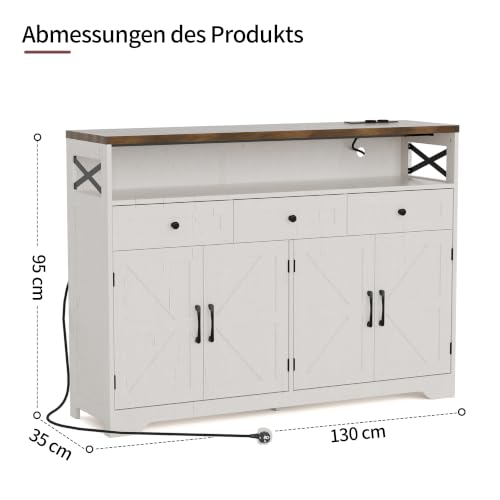 BonVache Sideboard, Küchenschrank mit Schubladen, Aufbewahrungsschrank, Anrichte mit Offenem Regal, Kaffeebar Schrank für Küche, Esszimmer, Wohnzimmer, 130 x 35 x 95cm, Cremeweiß in Holzoptik