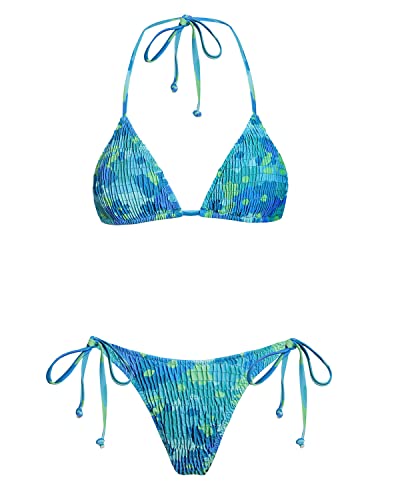 Image of Women's Triangle Bikini Set String Swimsuit Print Tie Smocked Ruched Two Piece Bathing Suit