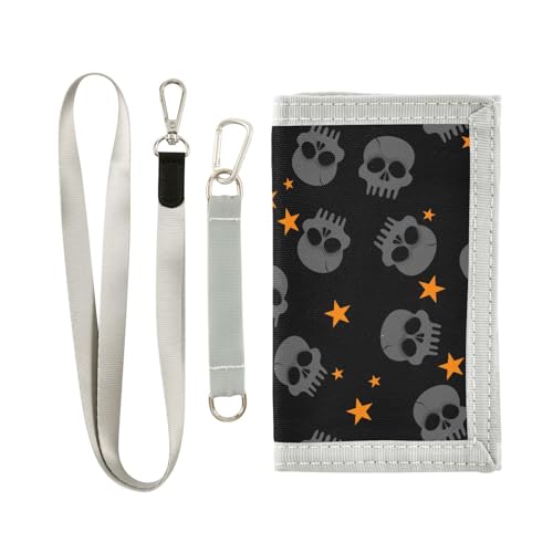 JHKKU Skull Star Kids Wallet for Boys Girls, Teen Canvas Trifold Purse with Zipper Coin Pocket