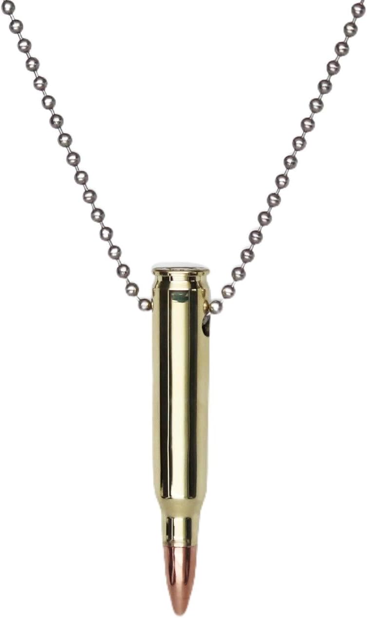 Real Metal Remington 223 Bullet Polished Pendant Necklace with 30 Inch Official Military Stainless Steel Dog Tag Chain