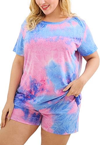 Celkuser Women's Plus Size Short Sleeve Pajamas Tie Dye Printed Pjs Set CEL109(4XL,Bluepur)