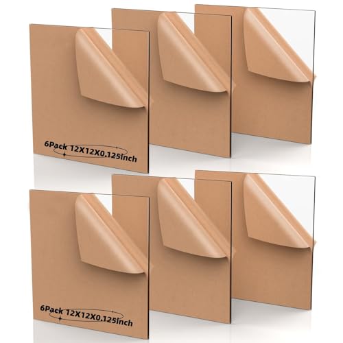 Clear Cast Acrylic Sheet, 6 Pack 1/8” Thick (3mm) 12” x 12” Square Panel Transparent Plexiglass Sheet with Protective Paper Use for Laser Engraving & Cutting, Crafting, Signs, DIY Display2