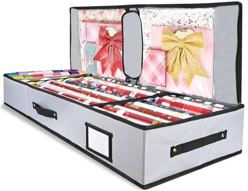 Wrapping Paper Storage Container, Keten Gift Wrap Organizer with Flexible Partitions & Pockets for Xmas Accessories Fits Up to 27 Rolls, 40\" 600D Fabric Gift Wrap Storage Bag- Storage for Holiday Grey