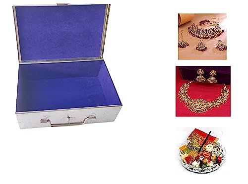 Image of Stainless Steel Storage Box, Cash Box, Pooja Peti, Organizer, Vanity Storage Box, Jewellery Safe Bank Locker, Cash Box With Handicrafts Digital Meena Kari Design (Blue, 9 Inches)