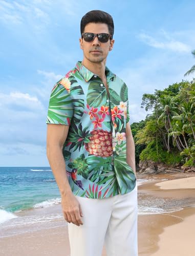 Rioofinx Hawaiian Shirt for Men Short Sleeve Button Down Shirt Casual Tropical Beach Hidden Button Shirts Green Floral Rioofinx Hawaiian Shirt for Men Short Sleeve Button Down Shirt Casual Tropical Beach Hidden Button Shirts Green Floral - Image 4