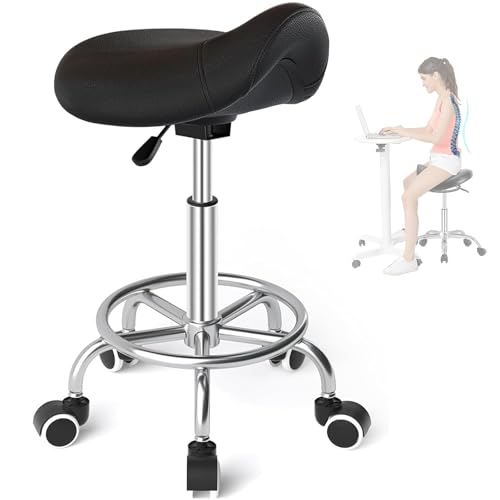 Rolling Stool Chair PU Leather Height Adjustable Swivel Drafting Work SPA Shop Medical Salon Stools with Wheels Office Chair,Black