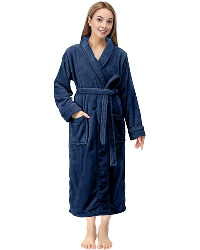NY Threads Premium Womens Robe Plush Soft Long Bathrobe Warm Fleece Shawl Collar Spa Robe Pack of 1, Small, Navy