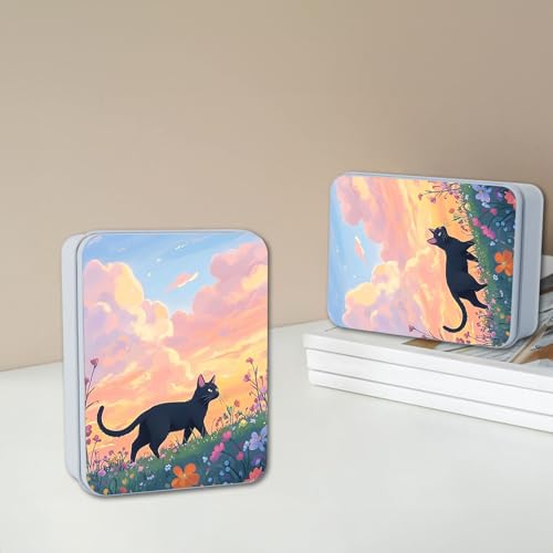 Image of Metal Tin Box with Lid,Multi-functional Storage Large Box Can Store Tea Biscuits Game Cards, Playing & Tarot Cards-Comes with 4 Magnetic Cord Clips,Black Cat in Flower Field