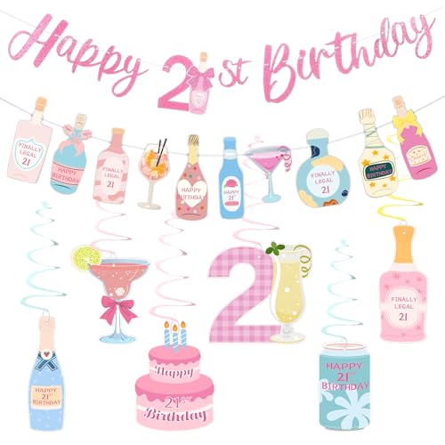 Hahafelt 21st Birthday Decorations Champagne Wine Bottle Martini Banner Swirls Glitter Happy 21st Birthday Banner Decorations Happy Bday Party Twenty-one Year Old Decor for women men(Cute)