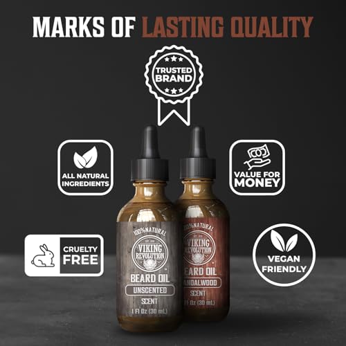 Image of Viking Revolution Beard Oil - Sandalwood & Unscented - 1 fl oz (2 Pack) | 100% Natural Ingredients - Formulated with Argan Oil & Jojoba Oil - Softens Rough Hair & Hydrates Skin - 2 Variety Scents