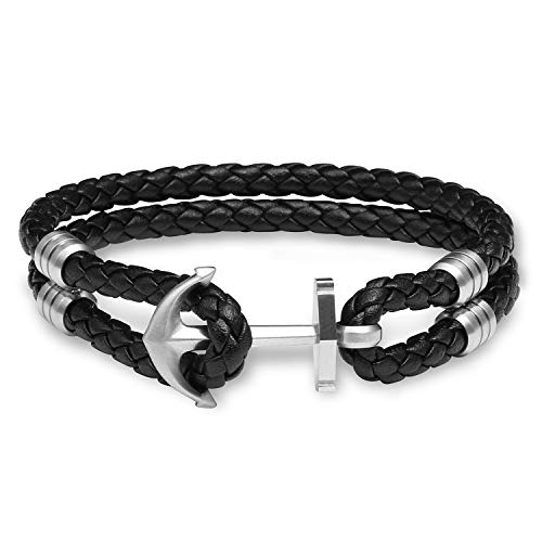 Preisvergleich Produktbild OUTLAW Armband Herren Anker Lederarmband für Männer Herrenarmband Armbänder Leder schwarz Bracelet Leather Men Edelstahl Lederarmbänder Schmuck Geschenk Männerarmband Ankerarmband Bracelets 2L