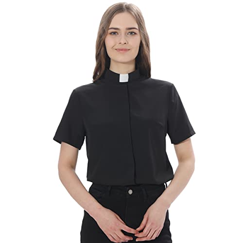 Women's Clergy Shirt Tab Collar Short Sleeve Cotton Blended Stretch Blouse Black #TOP1