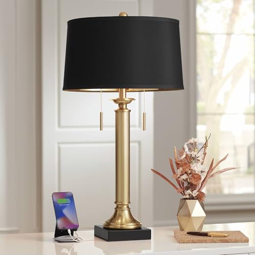 Possini Euro Design Wynne 30' Tall Traditional Glam Table Lamp with USB Ports A+C Charging Warm Gold Metal Black Drum Shade for Living Room Bedroom House Bedside Nightstand Office Reading Family